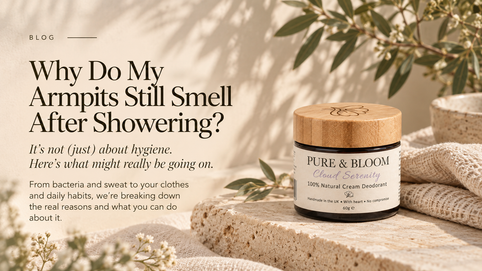 Woman applying natural deodorant with the text “Why do my armpits smell after showering?” for the Pure & Bloom blog.
