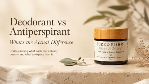 Pure & Bloom blog graphic explaining the difference between deodorant and antiperspirant