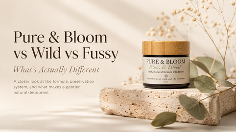 Pure & Bloom, Wild and Fussy natural deodorants compared in a blog graphic