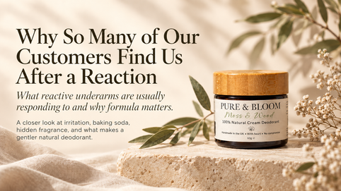 Pure & Bloom natural deodorant beside a blog message about sensitive and reactive underarms